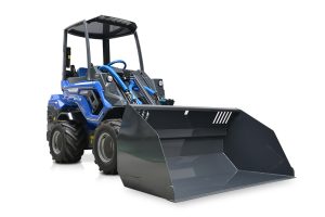 full view of a material bucket assembled on a mini loader