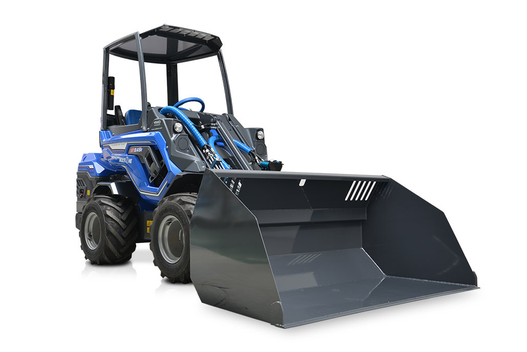 full view of a material bucket assembled on a mini loader