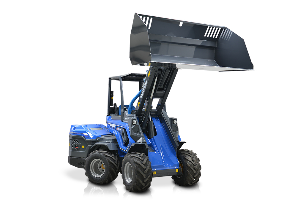 material bucket with lifted mechanical arm