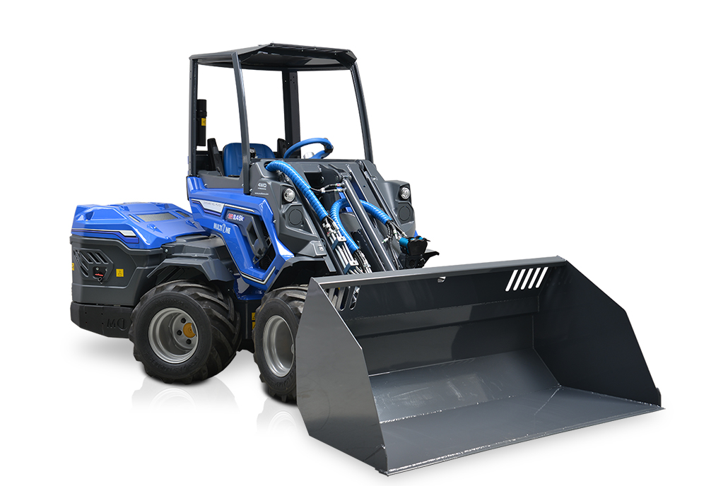 material bucket assembled on a mini loader, view from right side