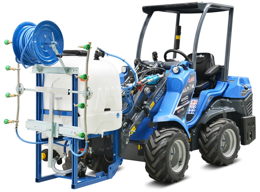 vineyard sprayer assembled with a mini articulated loader