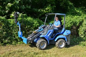 hedge trimmer cutting hedges, seen from left side