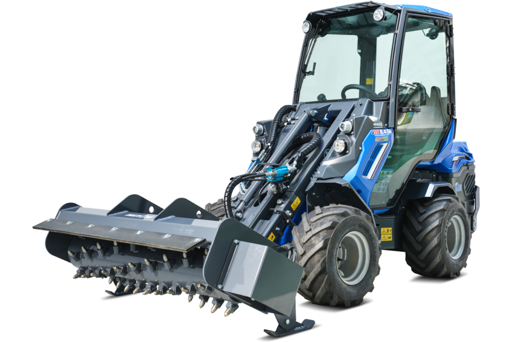 forestry mulcher assembled on a mini loader, full view from left side